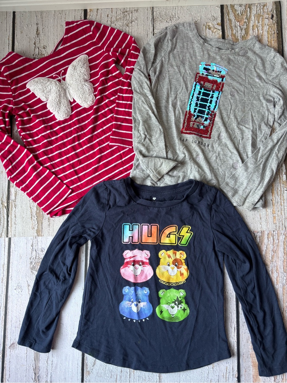 Bundle of Long-Sleeve Tshirts, Care Bears, Striped Butterfly and London Sequin